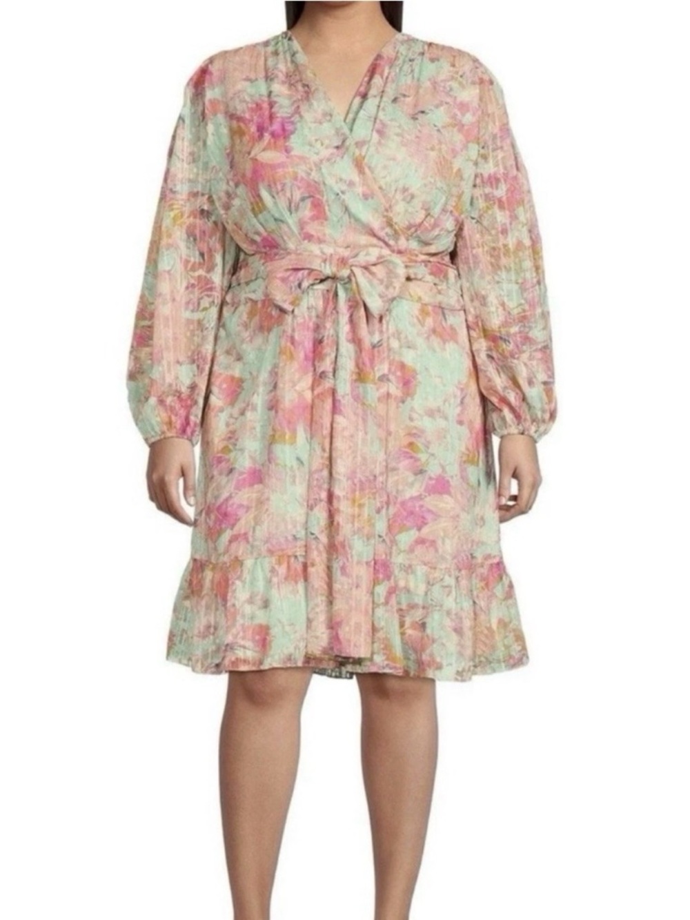 NWT Alex Marie Simone V-Neck Long Sleeve Bold & Bright Pink Teal‎ Floral Dress